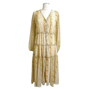 MOON RIVER Cream Shades Reptile Print Tiered Midi Long Sleeve Boho Dress Small